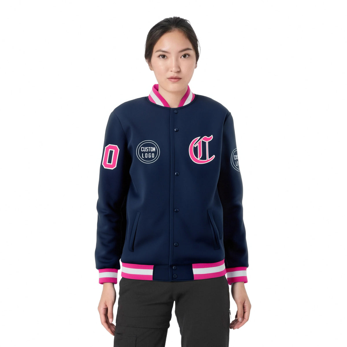 Custom Navy Pink-White Bomber Full-Snap Varsity Letterman Jacket