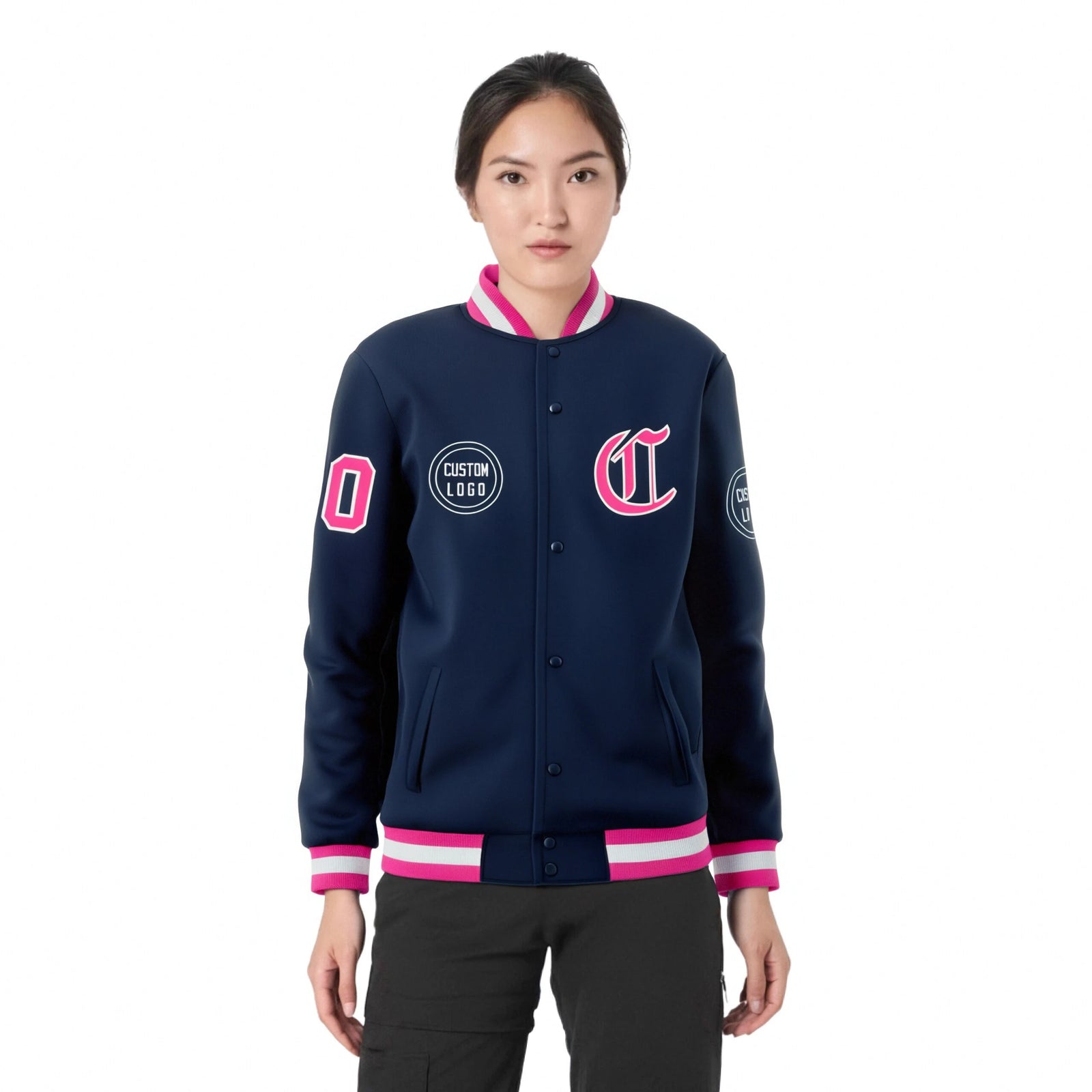 Custom Navy Pink-White Bomber Full-Snap Varsity Letterman Jacket