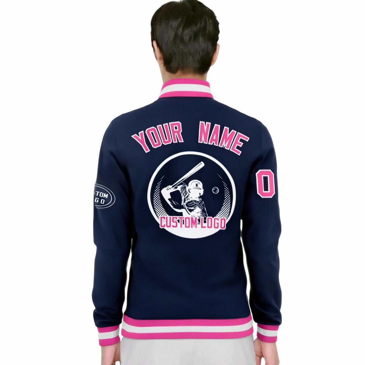 Custom Navy Pink-White Bomber Full-Snap Varsity Letterman Jacket