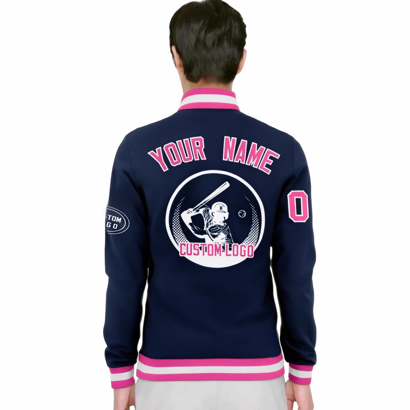 Custom Navy Pink-White Bomber Full-Snap Varsity Letterman Jacket