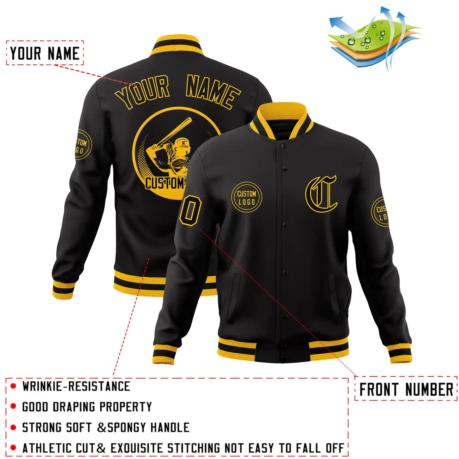 Custom Black Gold-1 Black Bomber Full-Snap Varsity Letterman Jacket