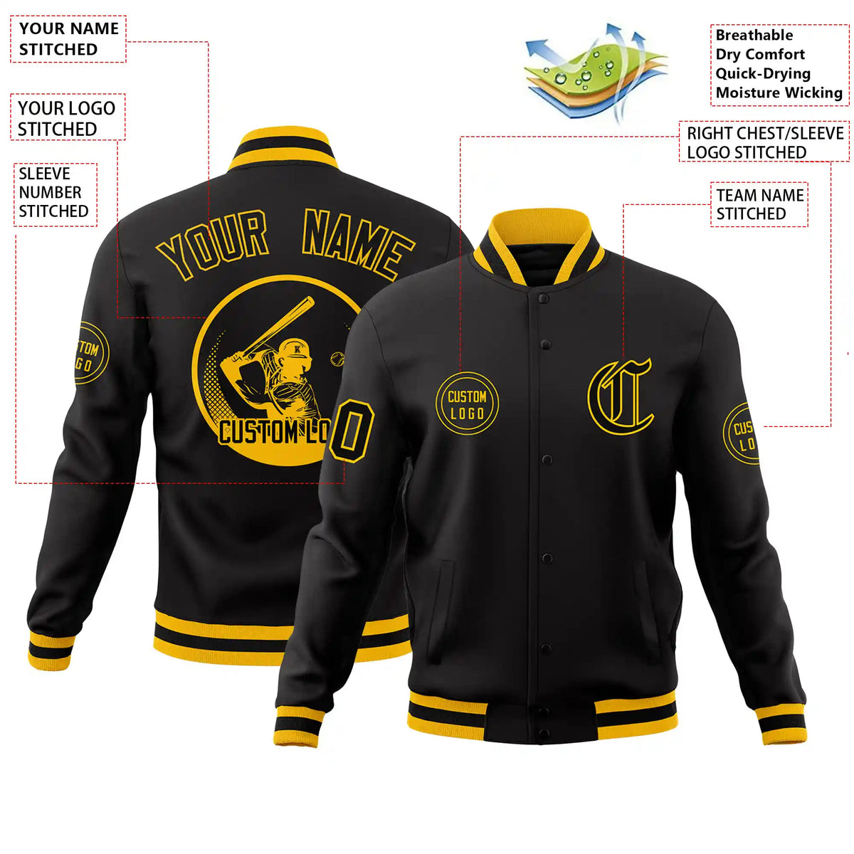 Custom Black Gold-1 Black Bomber Full-Snap Varsity Letterman Jacket