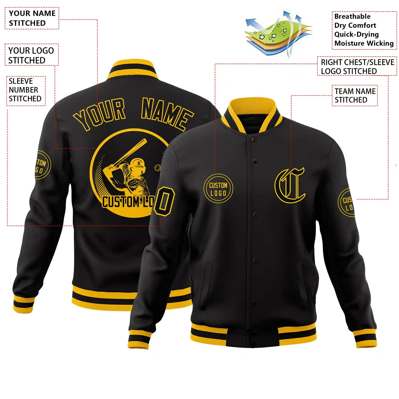 Custom Black Gold-1 Black Bomber Full-Snap Varsity Letterman Jacket