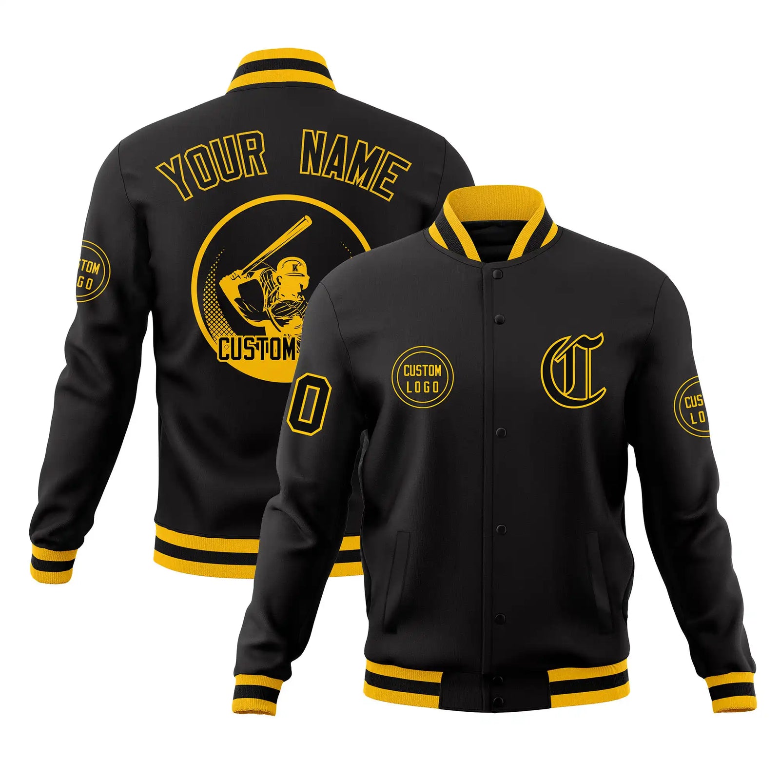 Custom Black Gold-1 Black Bomber Full-Snap Varsity Letterman Jacket