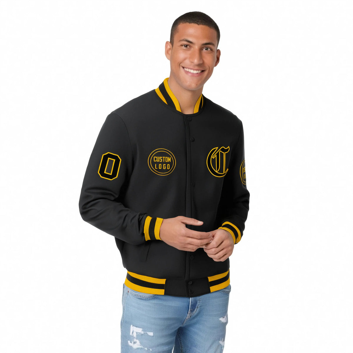 Custom Black Gold-1 Black Bomber Full-Snap Varsity Letterman Jacket
