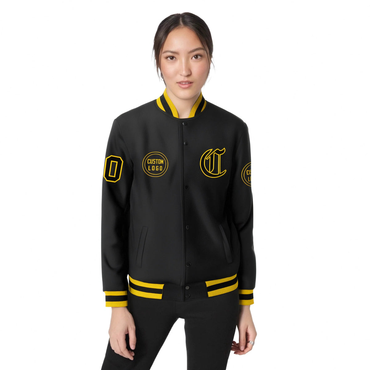 Custom Black Gold-1 Black Bomber Full-Snap Varsity Letterman Jacket