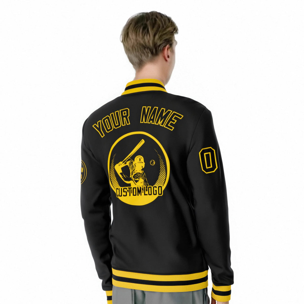Custom Black Gold-1 Black Bomber Full-Snap Varsity Letterman Jacket