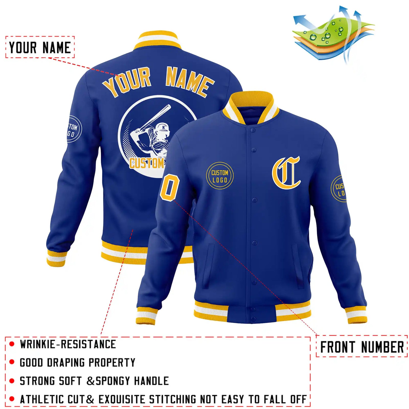 Custom Royal Blue Gold-1 White Bomber Full-Snap Varsity Letterman Jacket