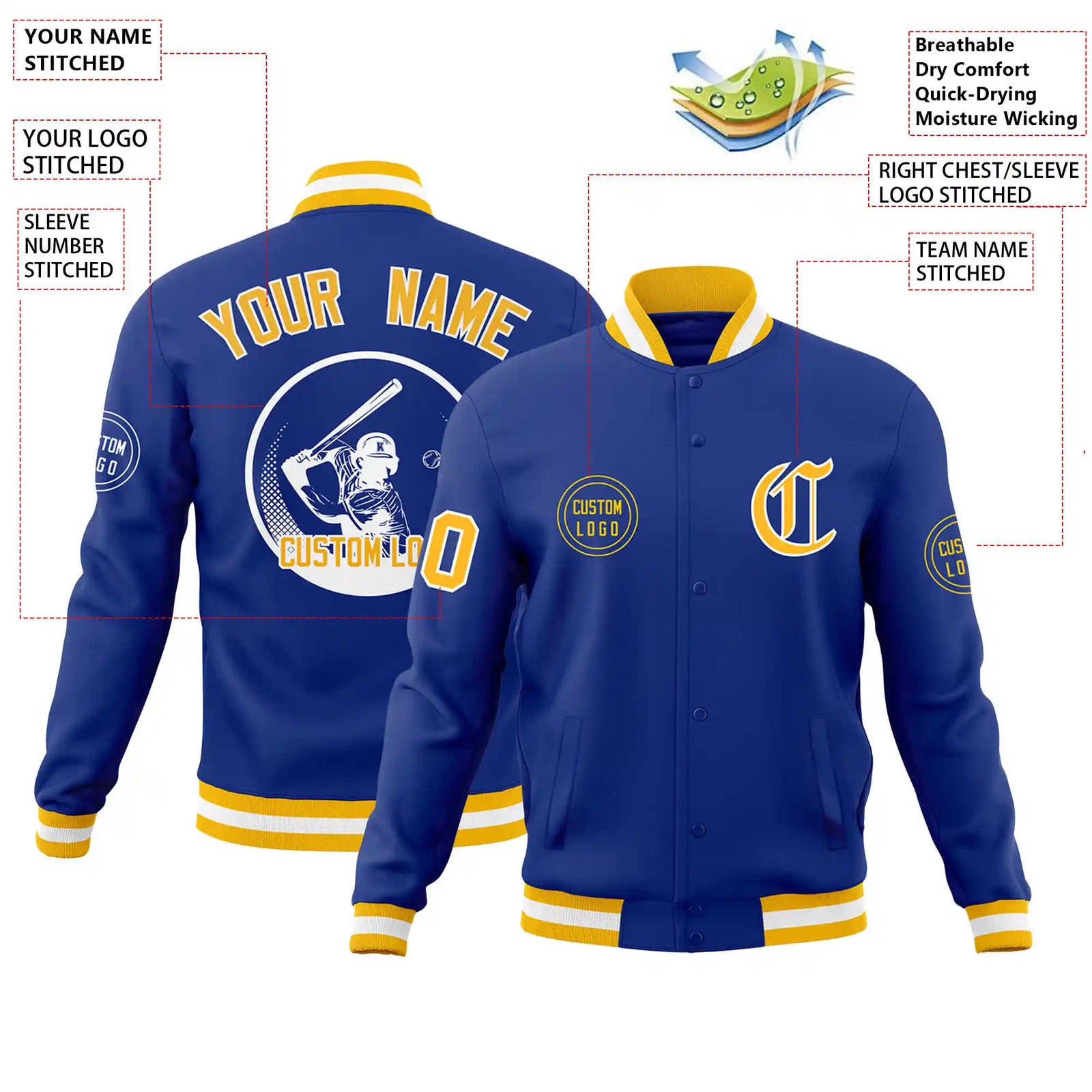 Custom Royal Blue Gold-1 White Bomber Full-Snap Varsity Letterman Jacket