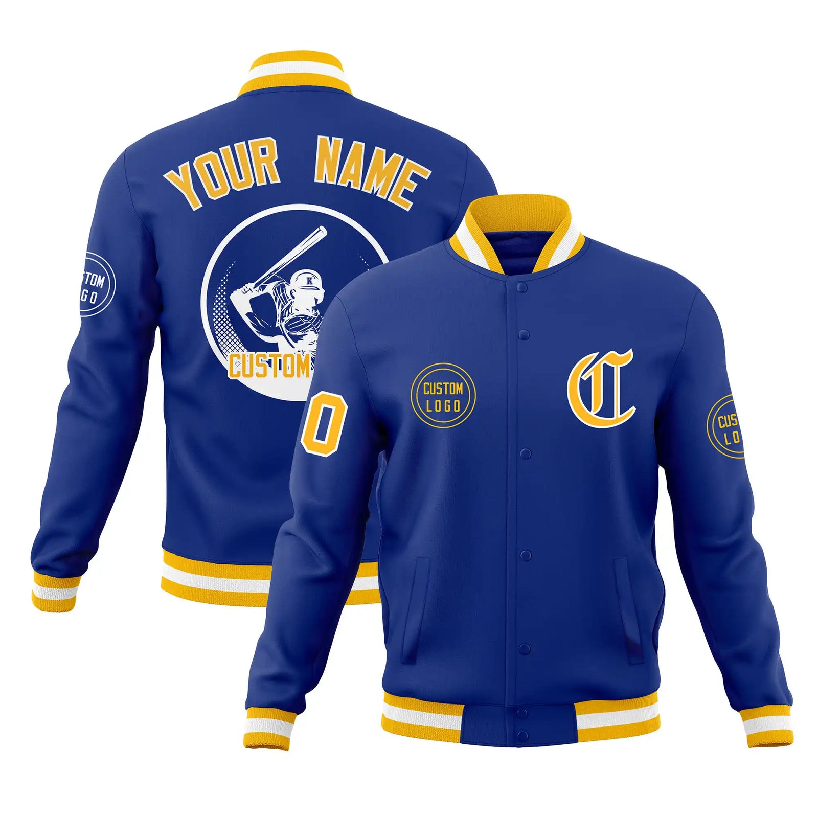 Custom Royal Blue Gold-1 White Bomber Full-Snap Varsity Letterman Jacket