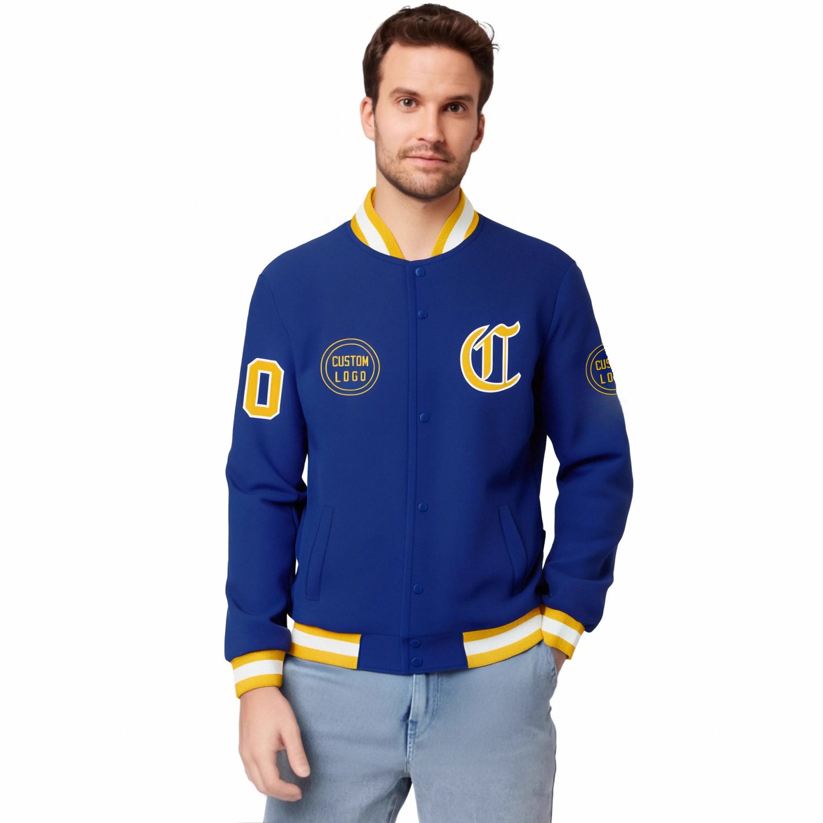 Custom Royal Blue Gold-1 White Bomber Full-Snap Varsity Letterman Jacket