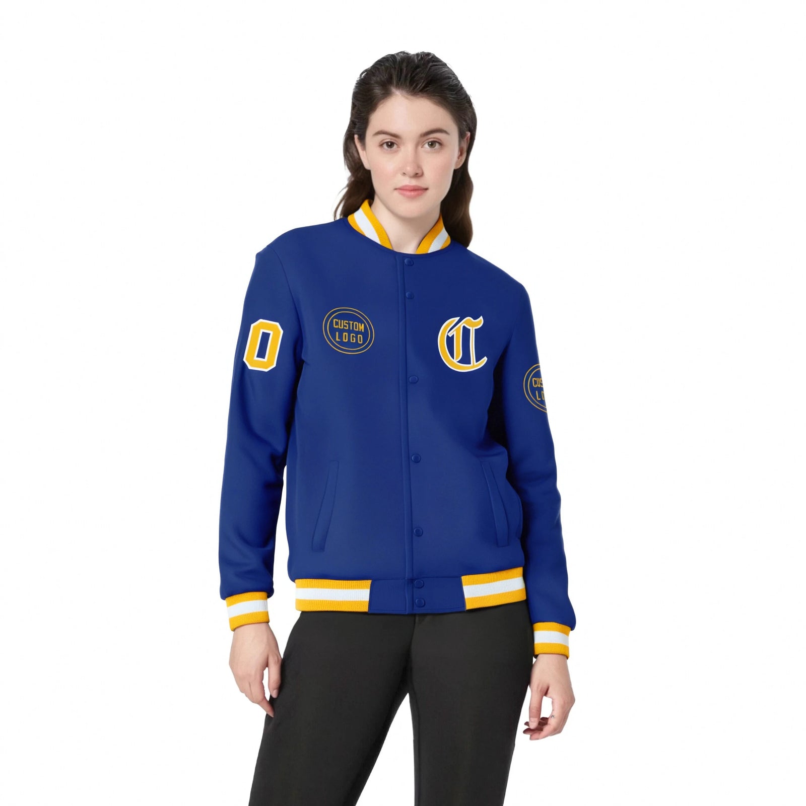 Custom Royal Blue Gold-1 White Bomber Full-Snap Varsity Letterman Jacket