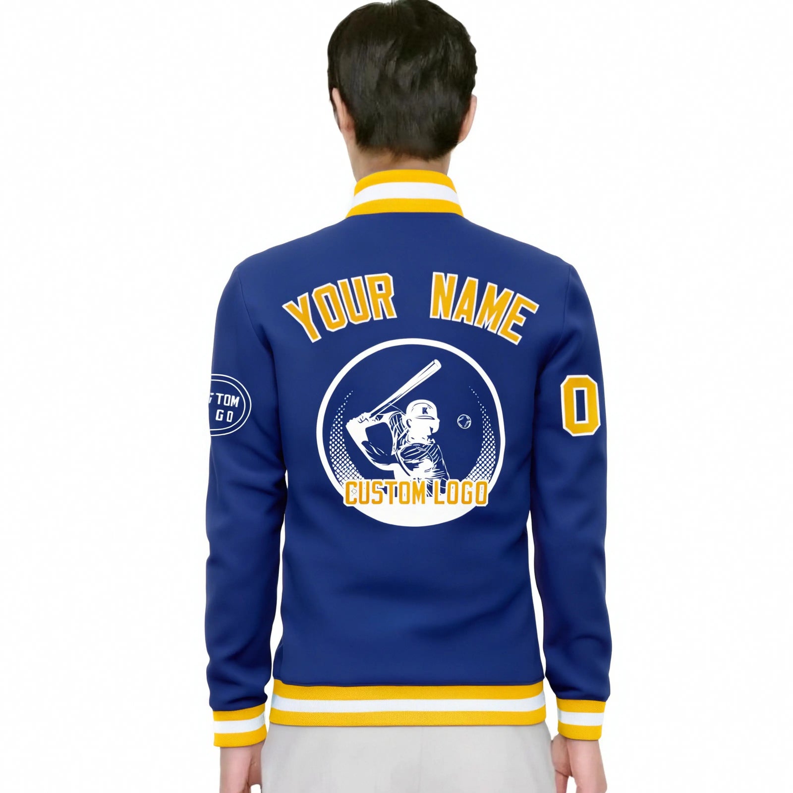Custom Royal Blue Gold-1 White Bomber Full-Snap Varsity Letterman Jacket