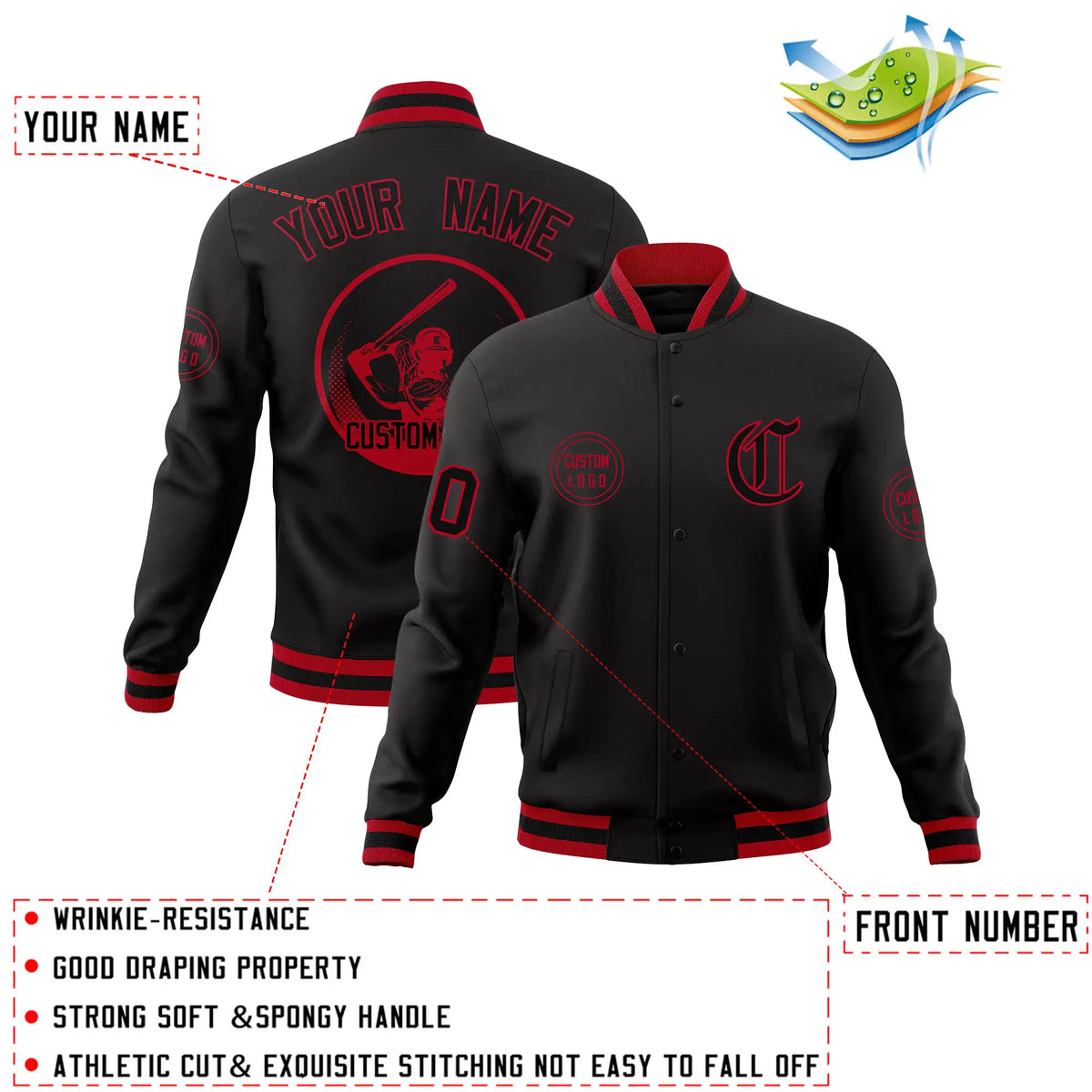 Custom Black Red-Black Bomber Full-Snap Varsity Letterman Jacket