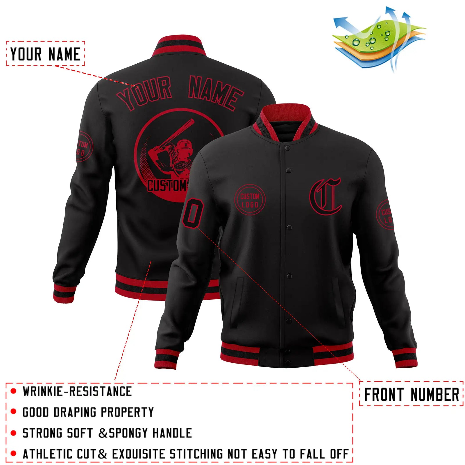 Custom Black Red-Black Bomber Full-Snap Varsity Letterman Jacket