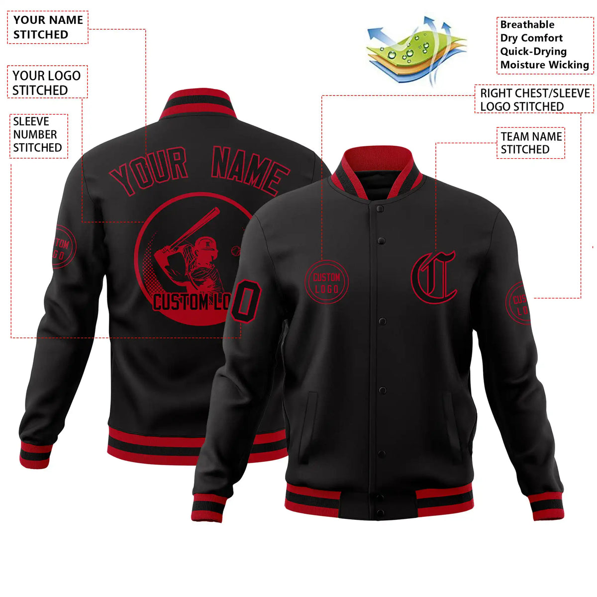 Custom Black Red-Black Bomber Full-Snap Varsity Letterman Jacket