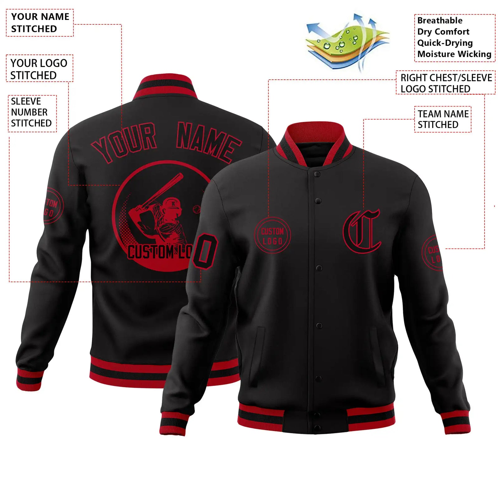 Custom Black Red-Black Bomber Full-Snap Varsity Letterman Jacket