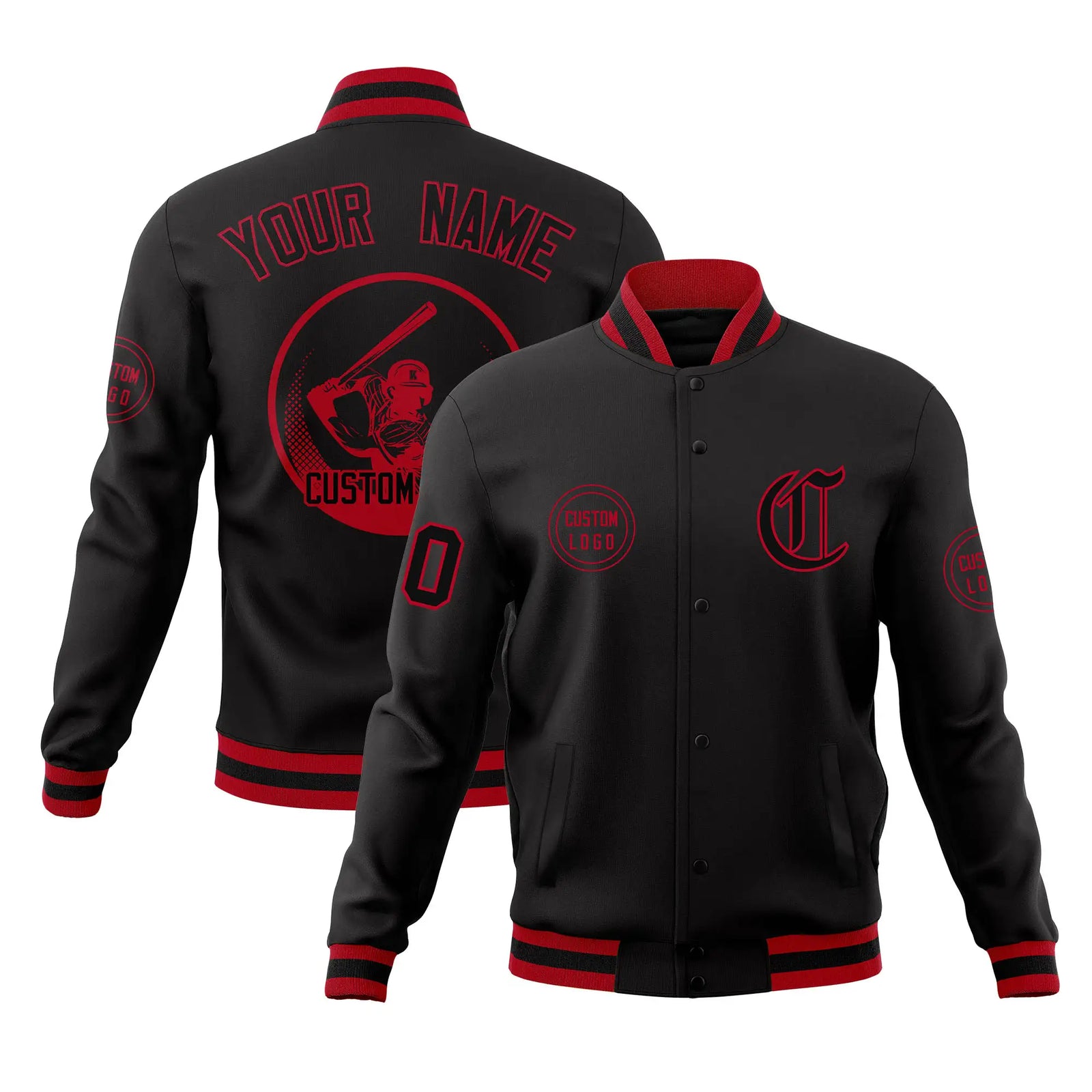 Custom Black Red-Black Bomber Full-Snap Varsity Letterman Jacket