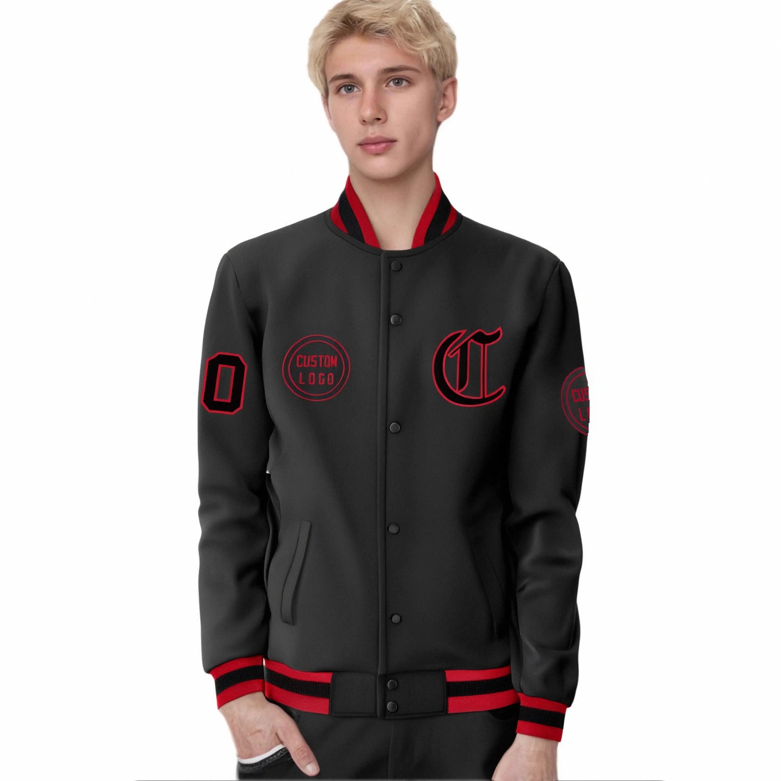 Custom Black Red-Black Bomber Full-Snap Varsity Letterman Jacket