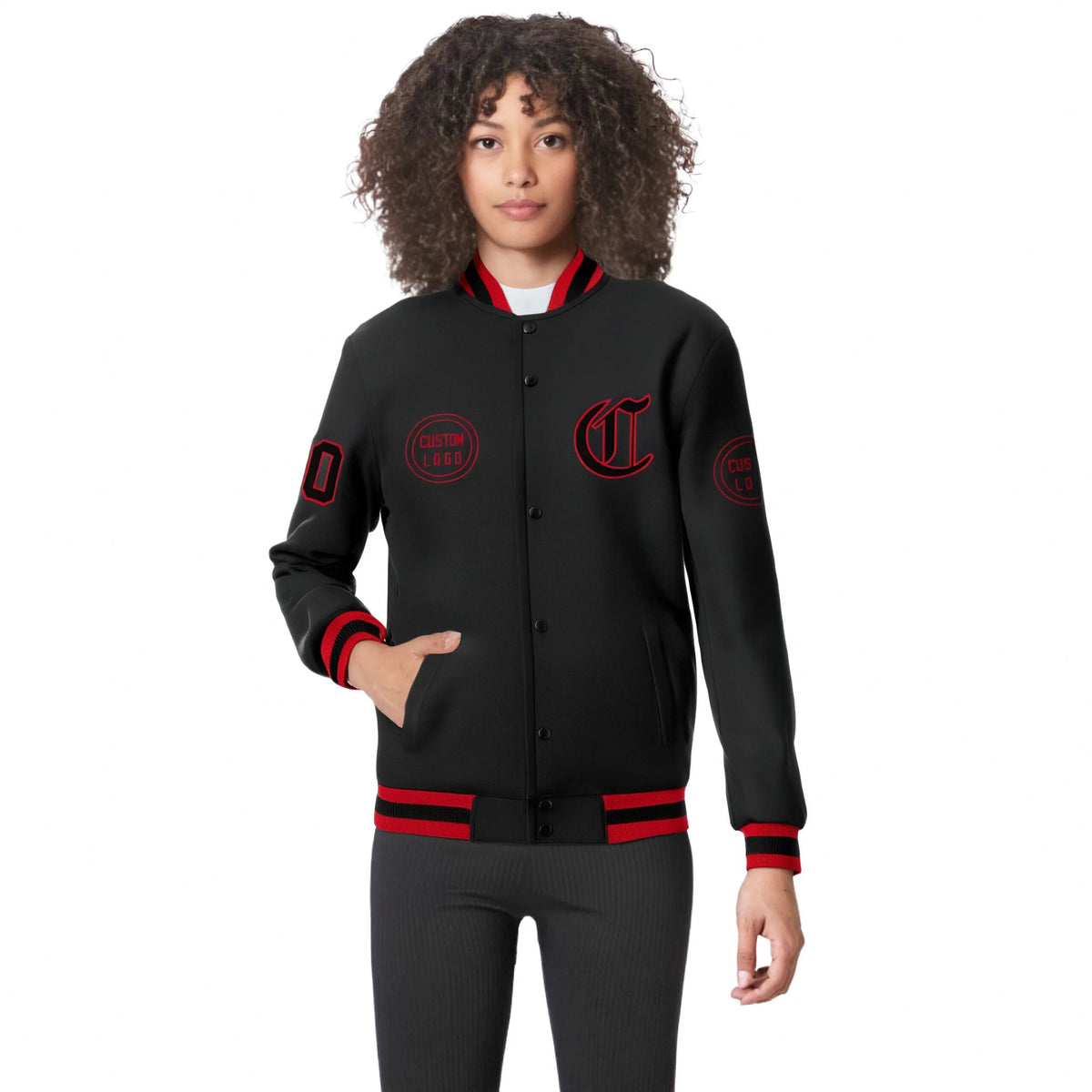 Custom Black Red-Black Bomber Full-Snap Varsity Letterman Jacket