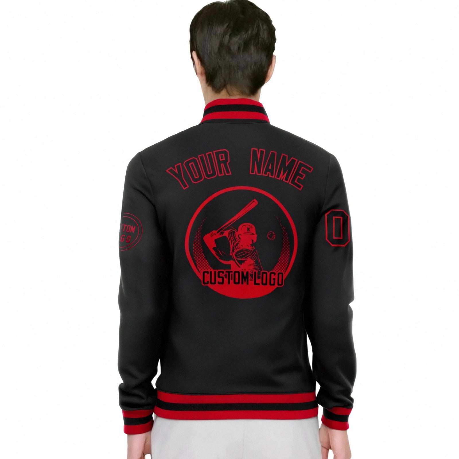 Custom Black Red-Black Bomber Full-Snap Varsity Letterman Jacket