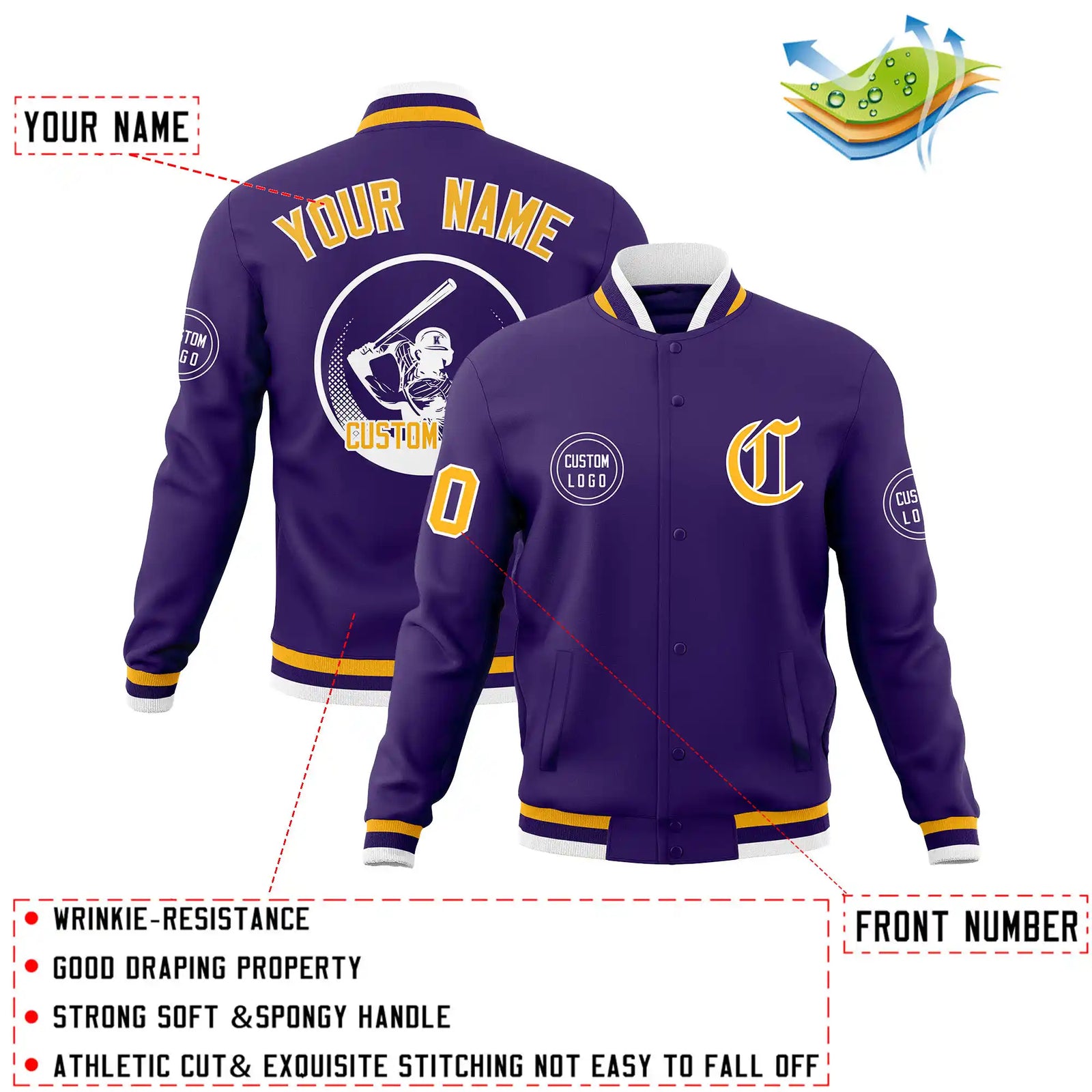 Custom Purple Yellow-White Bomber Full-Snap Varsity Letterman Jacket