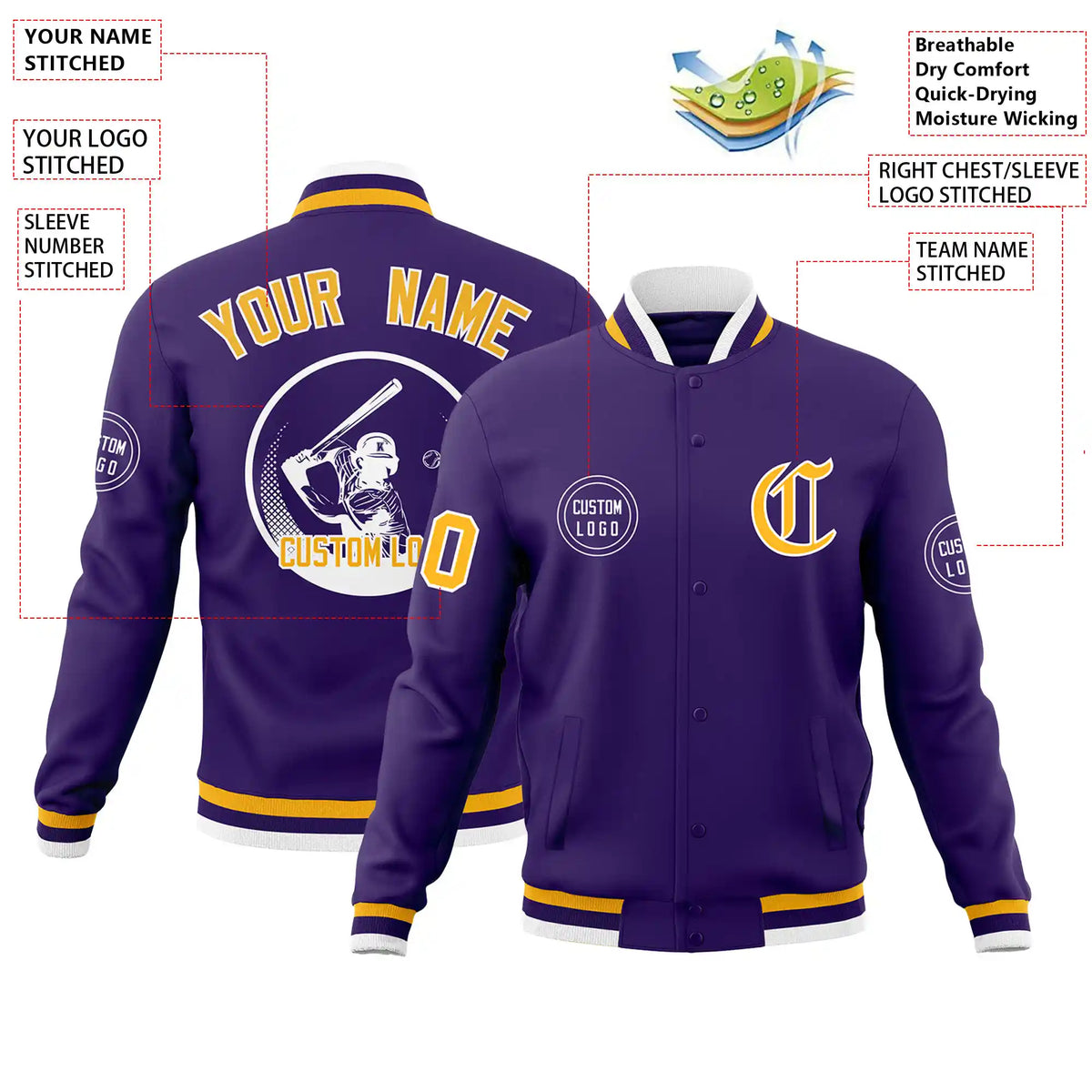 Custom Purple Yellow-White Bomber Full-Snap Varsity Letterman Jacket