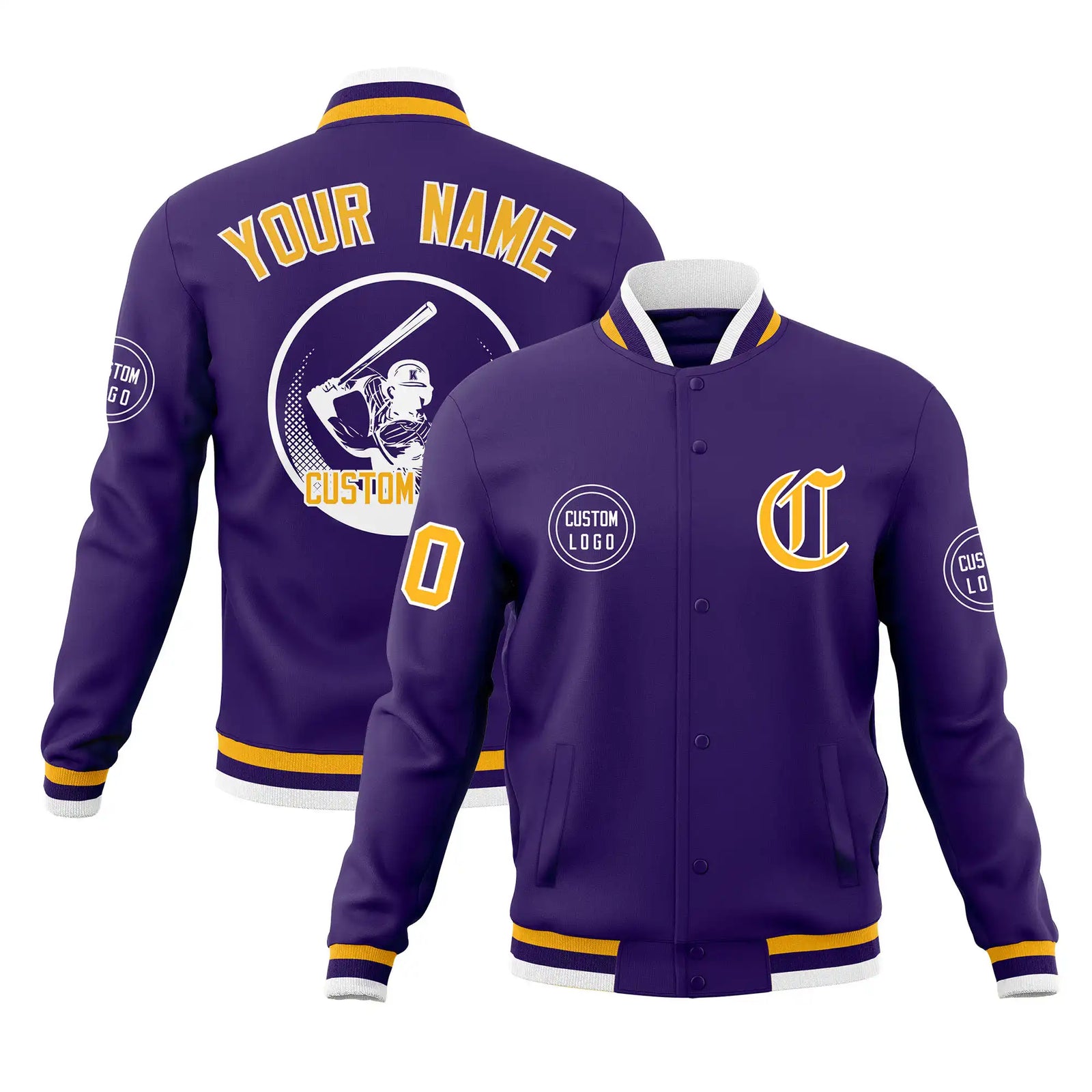 Custom Purple Yellow-White Bomber Full-Snap Varsity Letterman Jacket