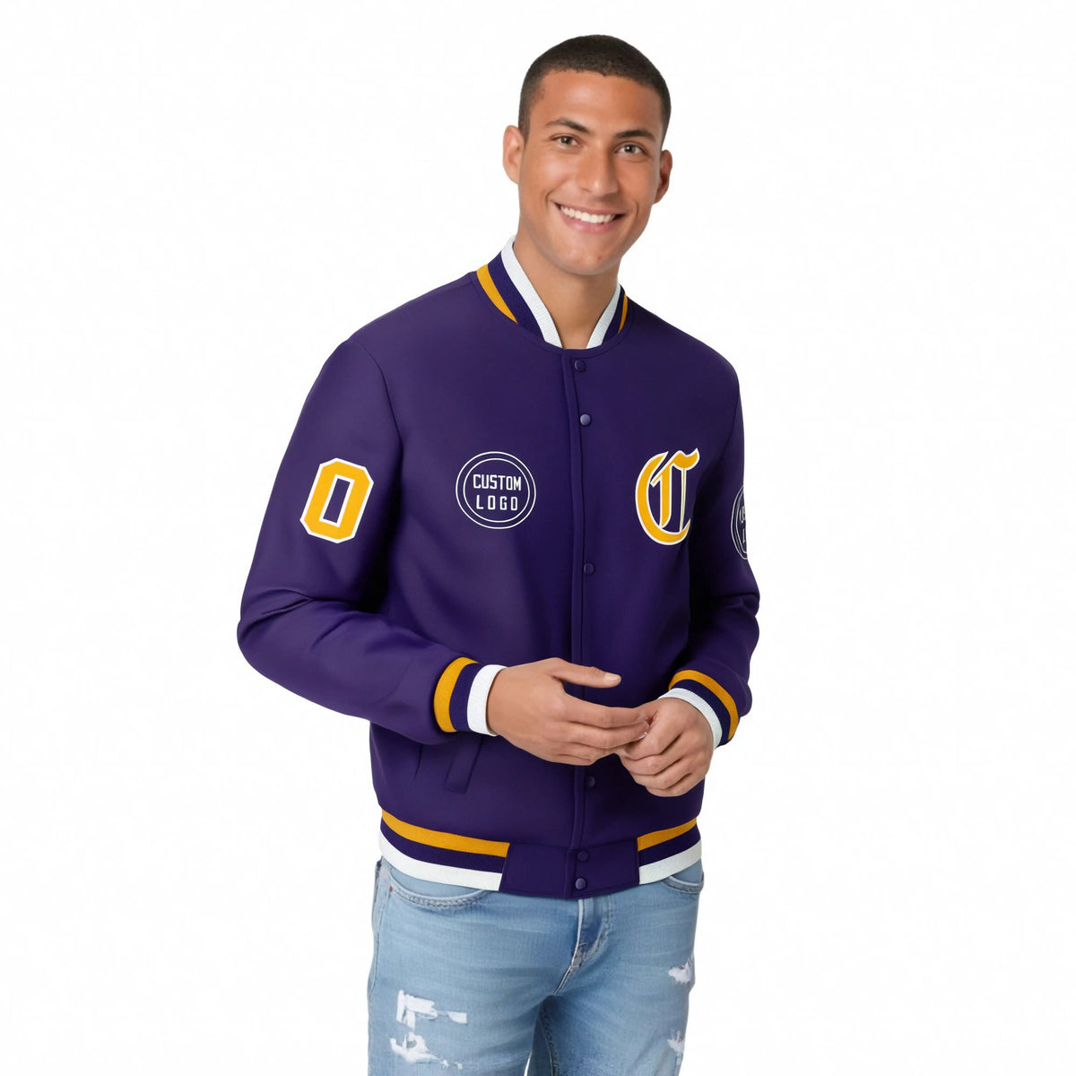 Custom Purple Yellow-White Bomber Full-Snap Varsity Letterman Jacket
