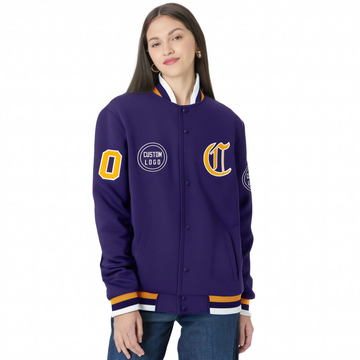 Custom Purple Yellow-White Bomber Full-Snap Varsity Letterman Jacket