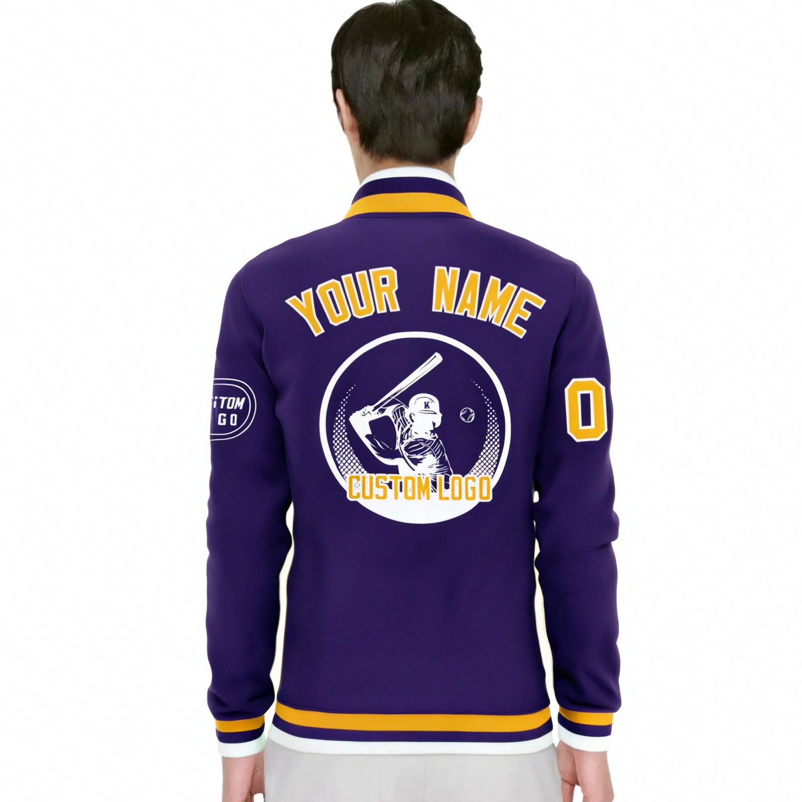 Custom Purple Yellow-White Bomber Full-Snap Varsity Letterman Jacket