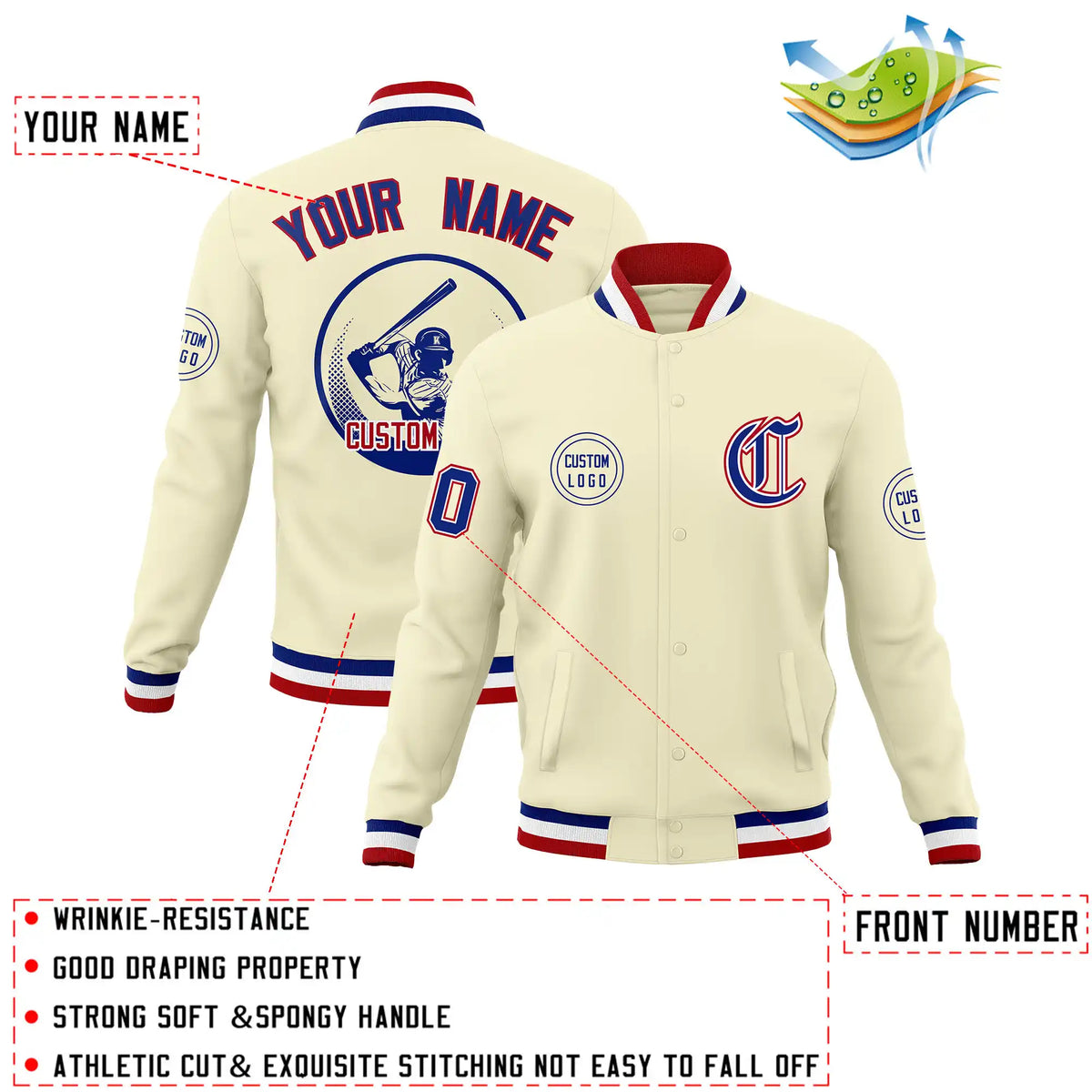 Custom Cream Royal Blue-Red Bomber Full-Snap Varsity Letterman Jacket