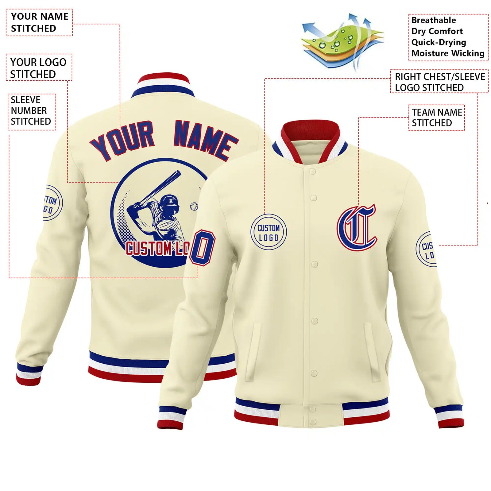 Custom Cream Royal Blue-Red Bomber Full-Snap Varsity Letterman Jacket
