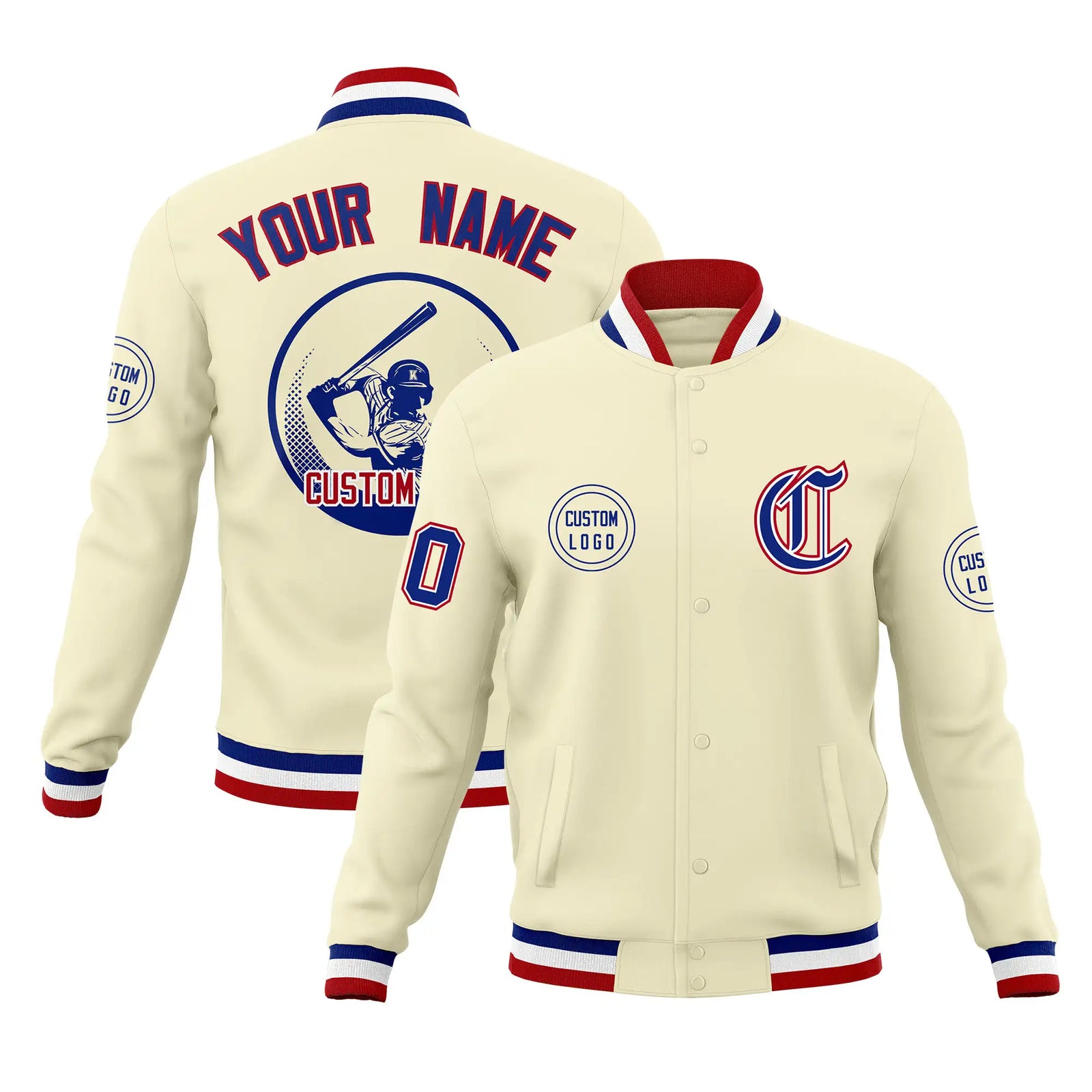 Custom Cream Royal Blue-Red Bomber Full-Snap Varsity Letterman Jacket