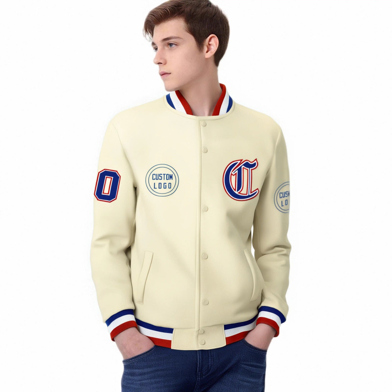 Custom Cream Royal Blue-Red Bomber Full-Snap Varsity Letterman Jacket