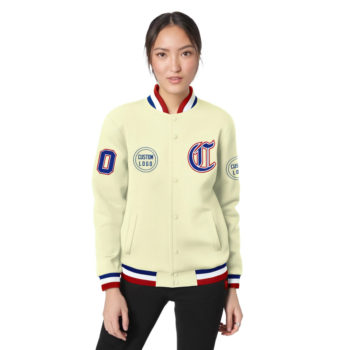 Custom Cream Royal Blue-Red Bomber Full-Snap Varsity Letterman Jacket