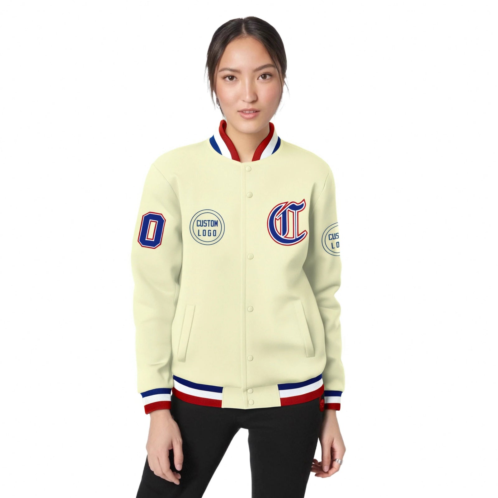 Custom Cream Royal Blue-Red Bomber Full-Snap Varsity Letterman Jacket