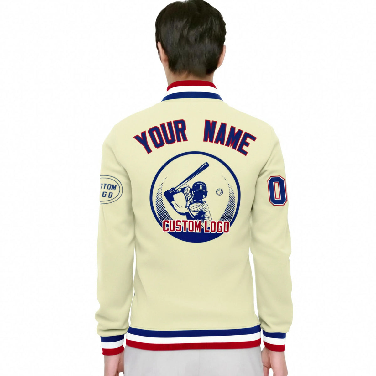 Custom Cream Royal Blue-Red Bomber Full-Snap Varsity Letterman Jacket
