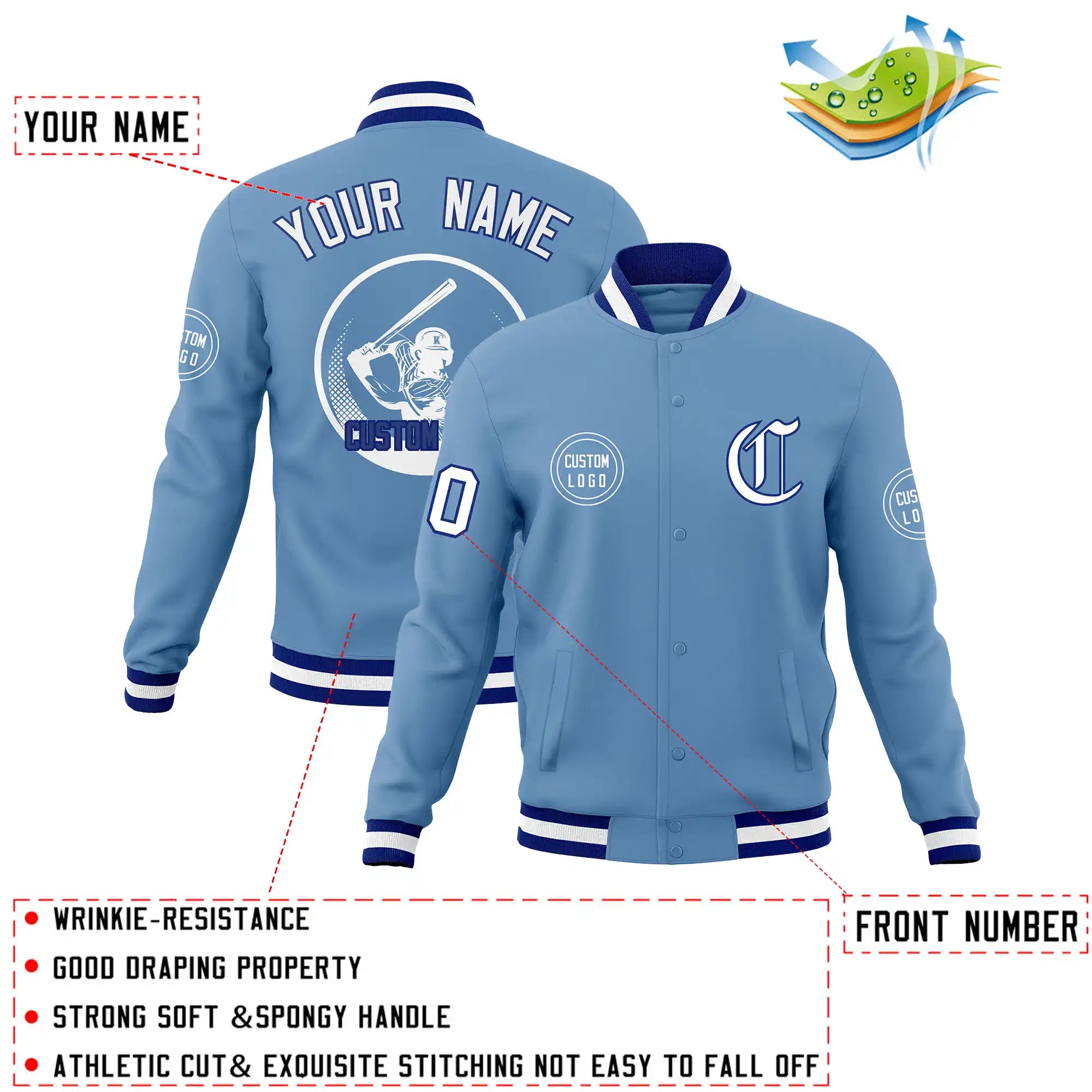 Custom Powder Blue Royal Blue-White Bomber Full-Snap Varsity Letterman Jacket