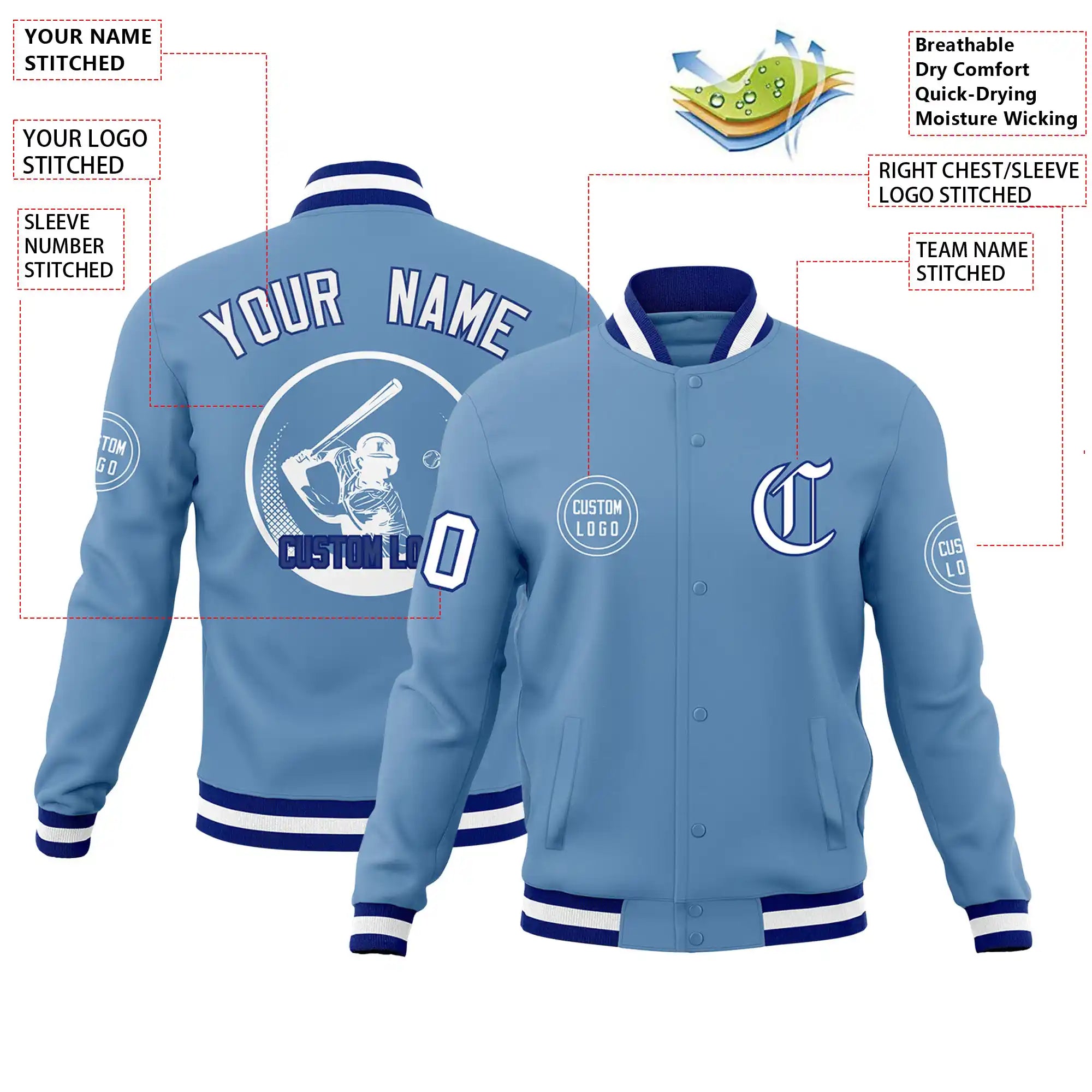 Custom Powder Blue Royal Blue-White Bomber Full-Snap Varsity Letterman Jacket