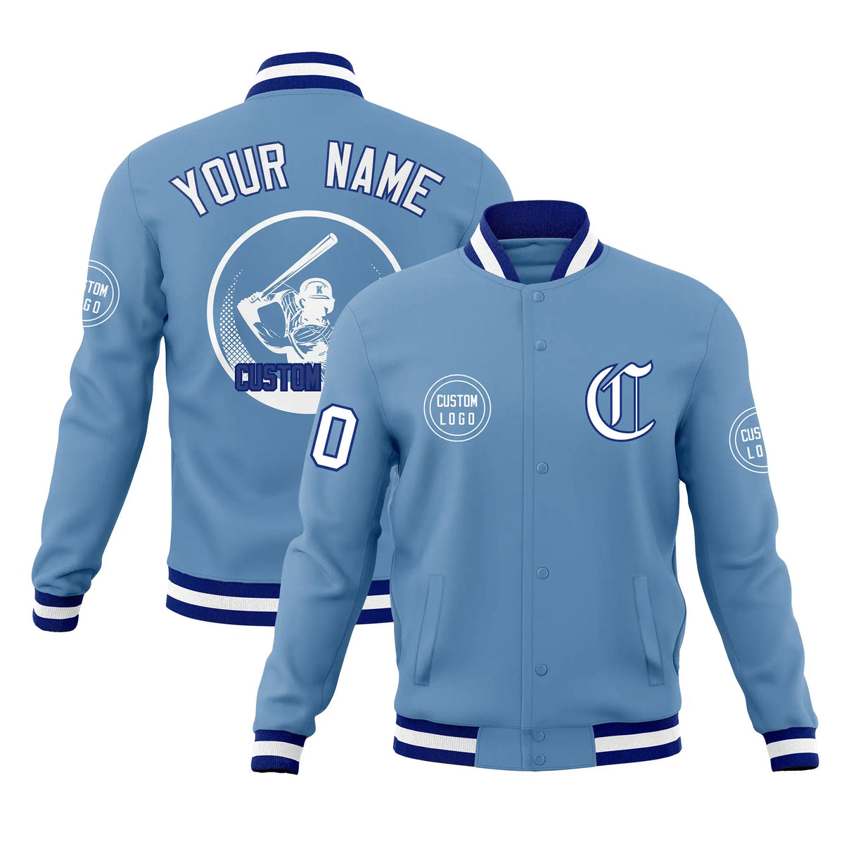 Custom Powder Blue Royal Blue-White Bomber Full-Snap Varsity Letterman Jacket