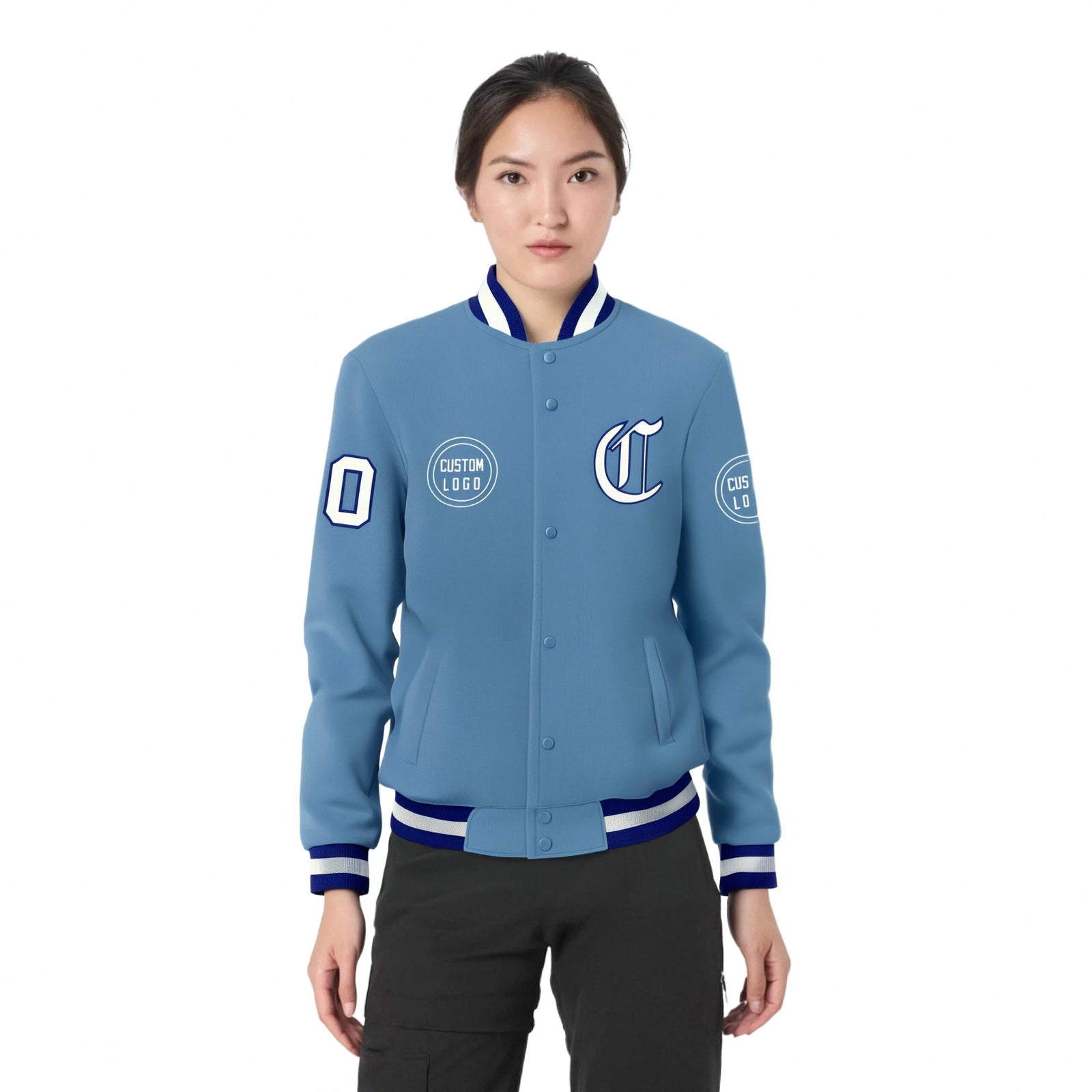 Custom Powder Blue Royal Blue-White Bomber Full-Snap Varsity Letterman Jacket