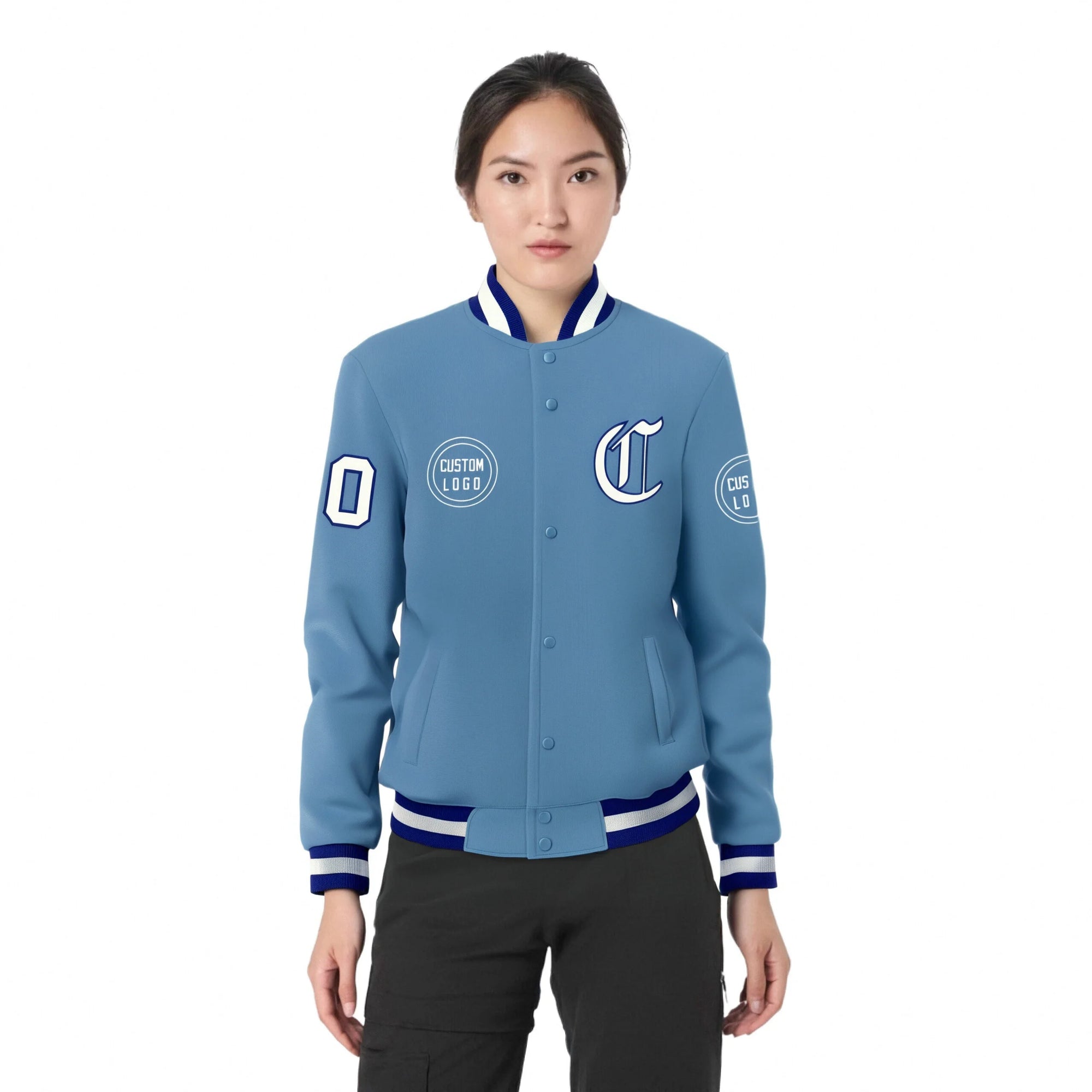 Custom Powder Blue Royal Blue-White Bomber Full-Snap Varsity Letterman Jacket