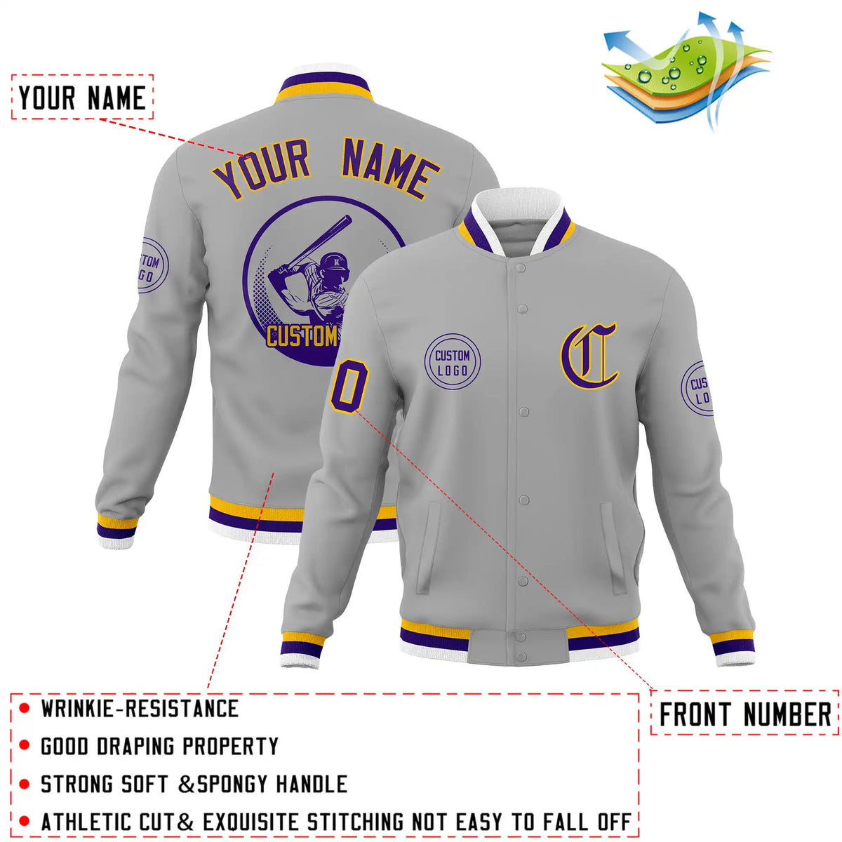 Custom Gray Yellow-Purple Bomber Full-Snap Varsity Letterman Jacket