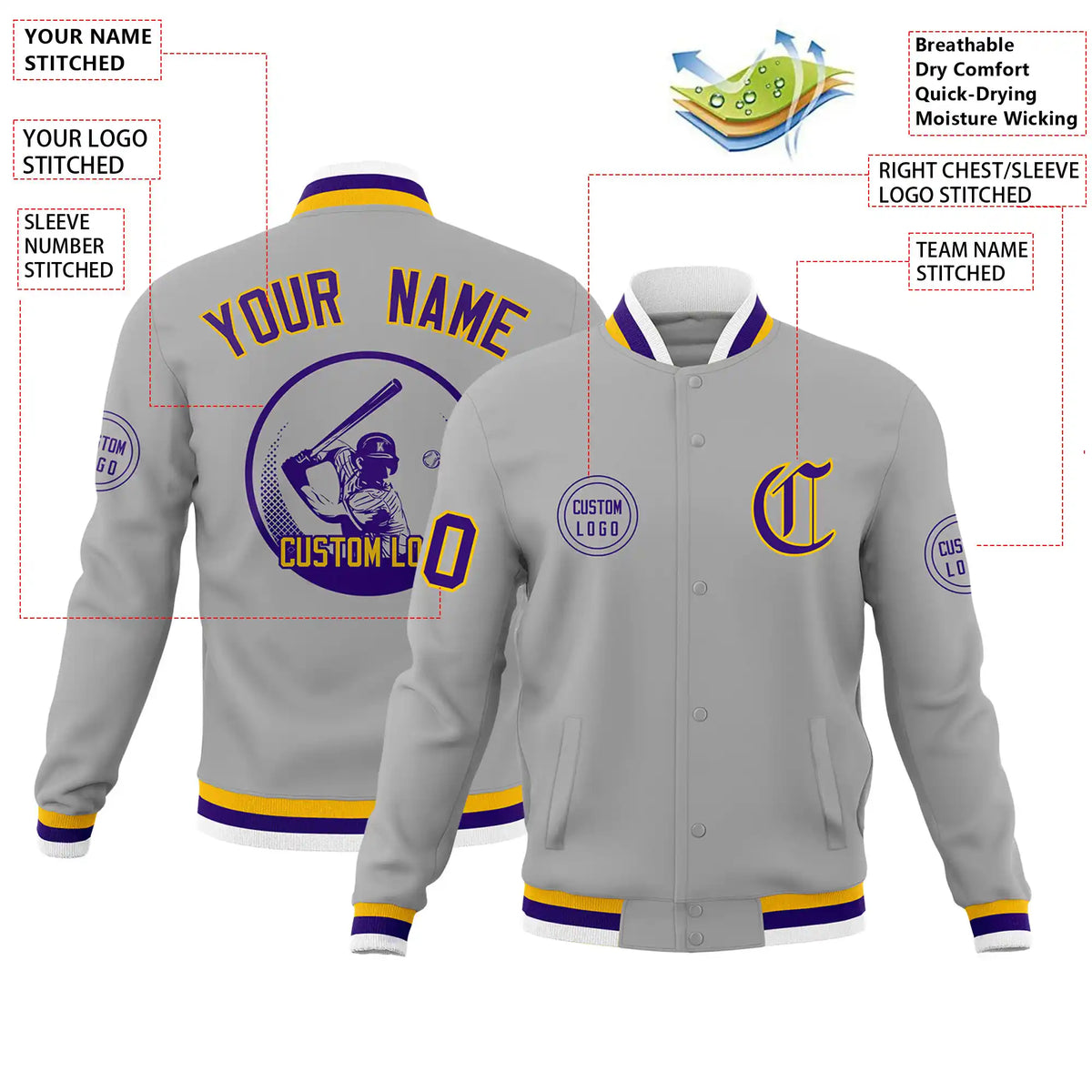 Custom Gray Yellow-Purple Bomber Full-Snap Varsity Letterman Jacket