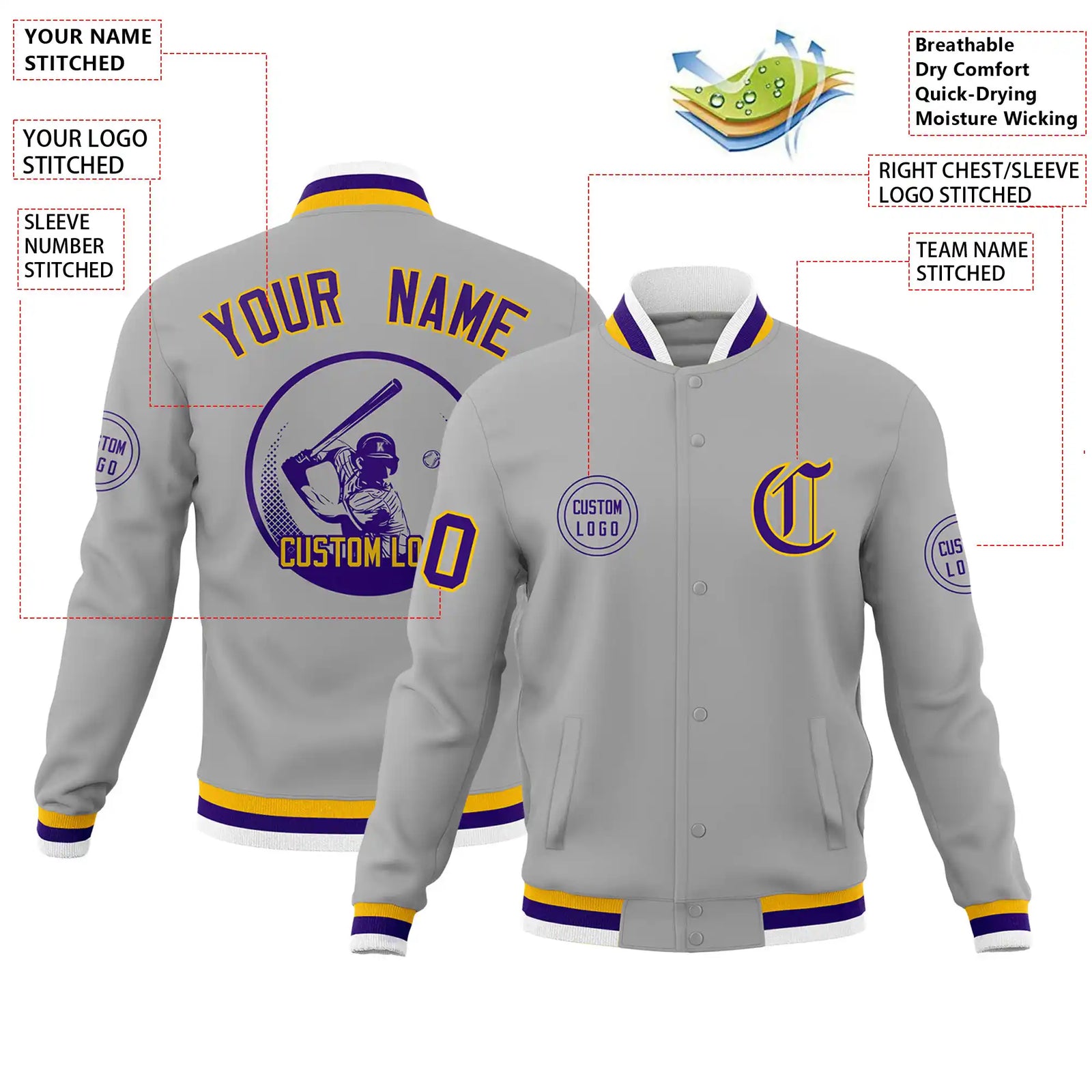 Custom Gray Yellow-Purple Bomber Full-Snap Varsity Letterman Jacket