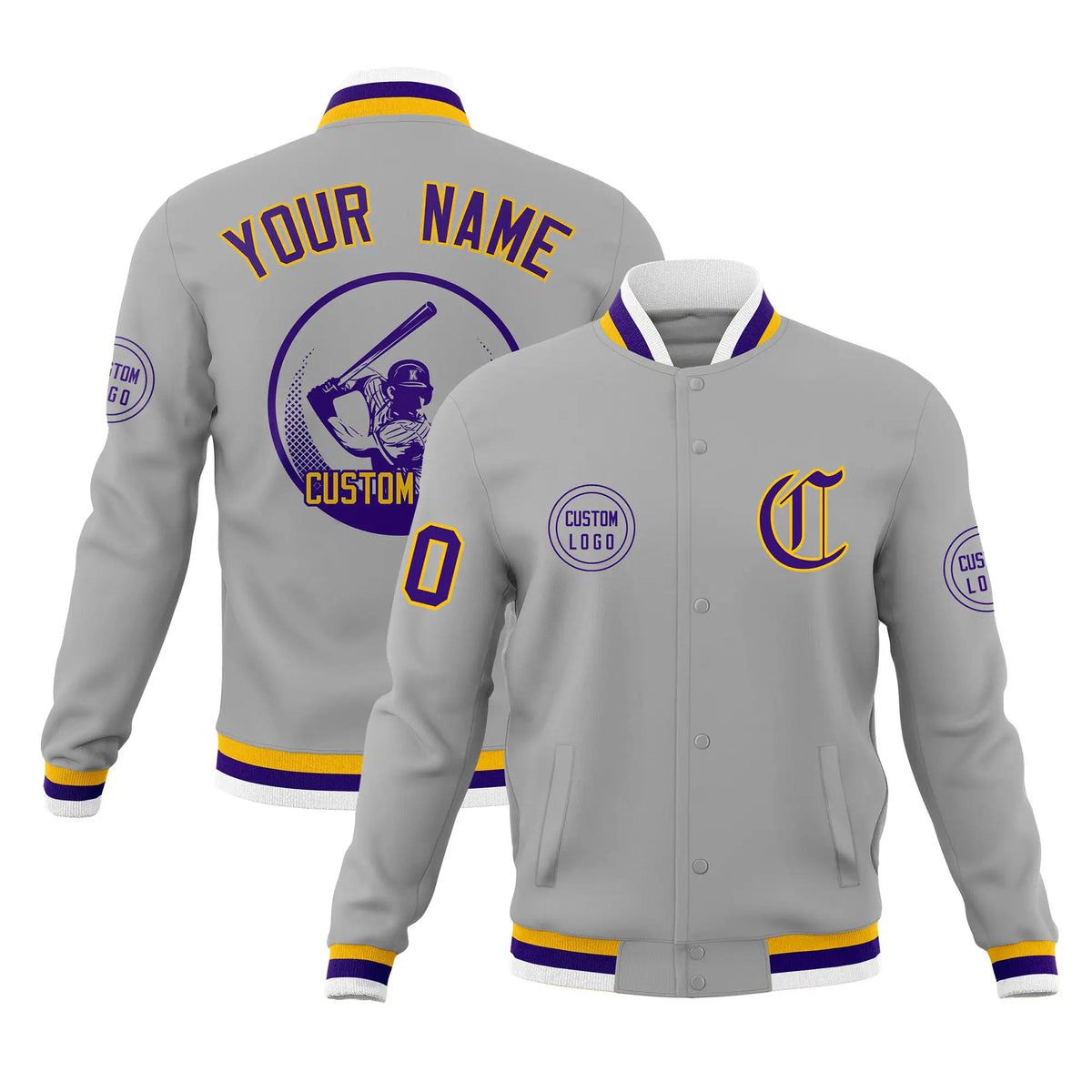 Custom Gray Yellow-Purple Bomber Full-Snap Varsity Letterman Jacket