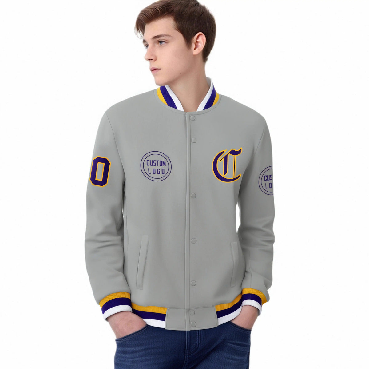 Custom Gray Yellow-Purple Bomber Full-Snap Varsity Letterman Jacket