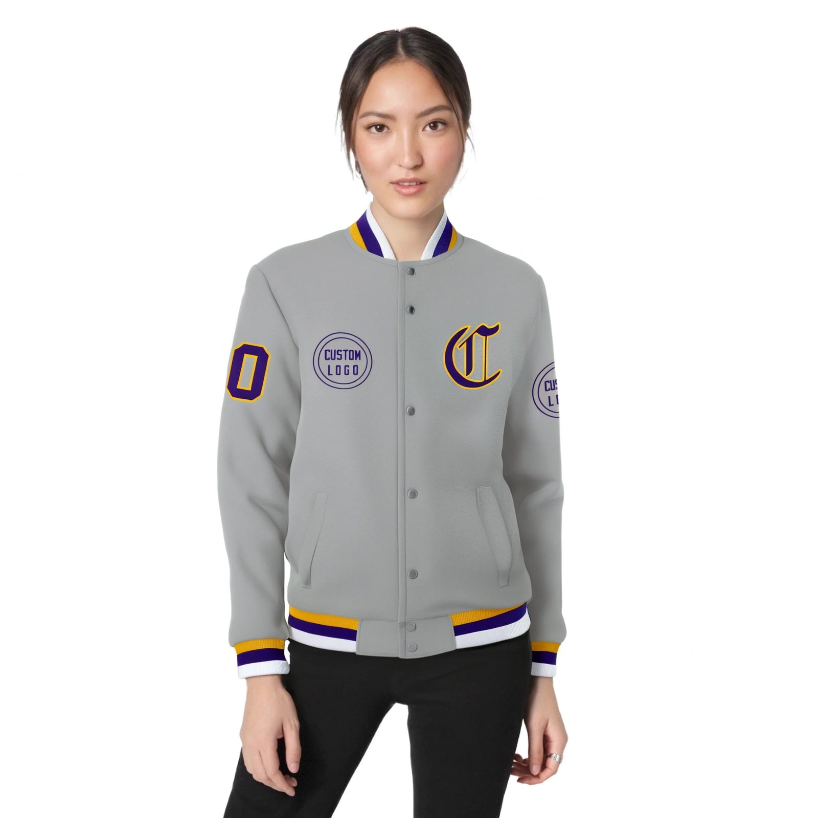 Custom Gray Yellow-Purple Bomber Full-Snap Varsity Letterman Jacket