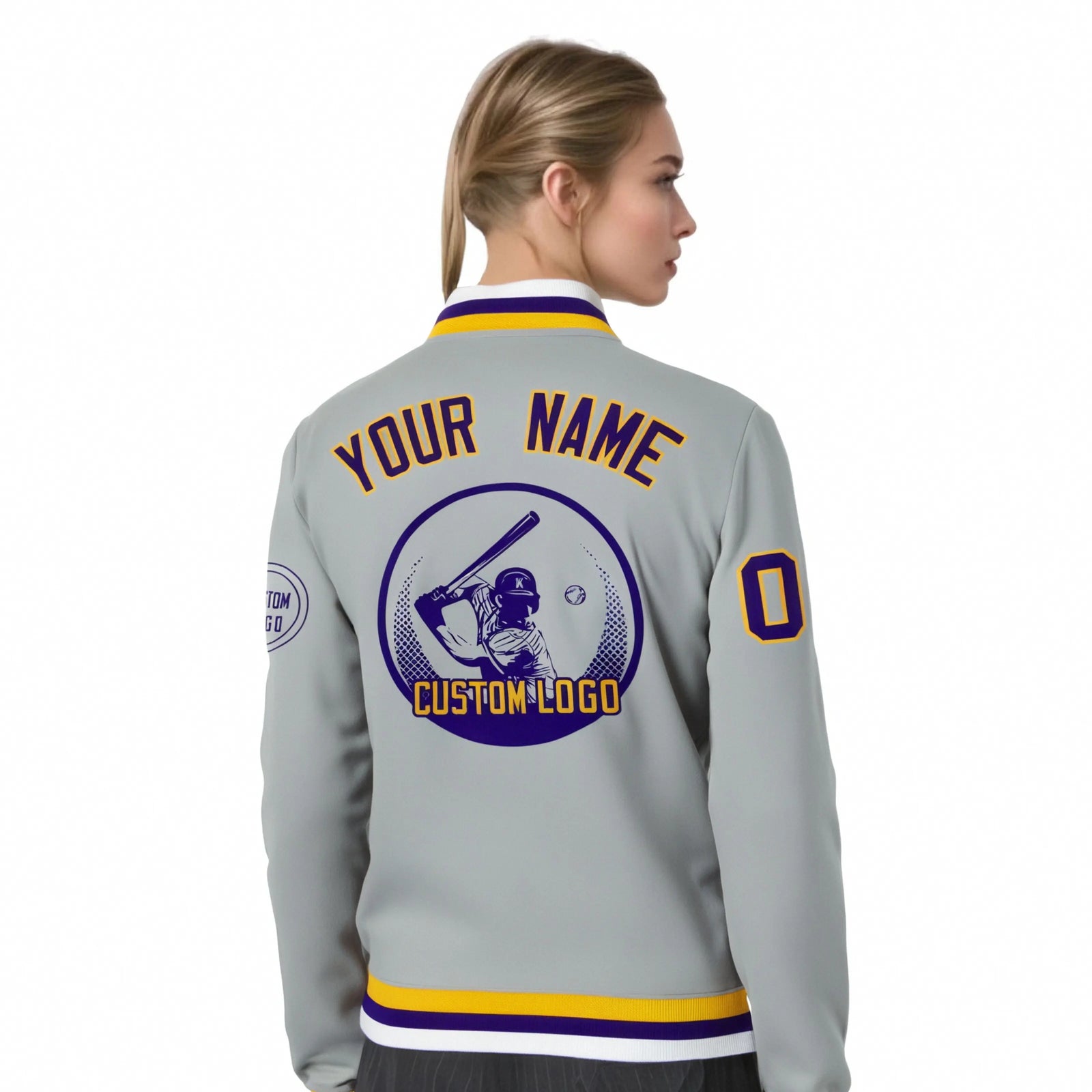 Custom Gray Yellow-Purple Bomber Full-Snap Varsity Letterman Jacket